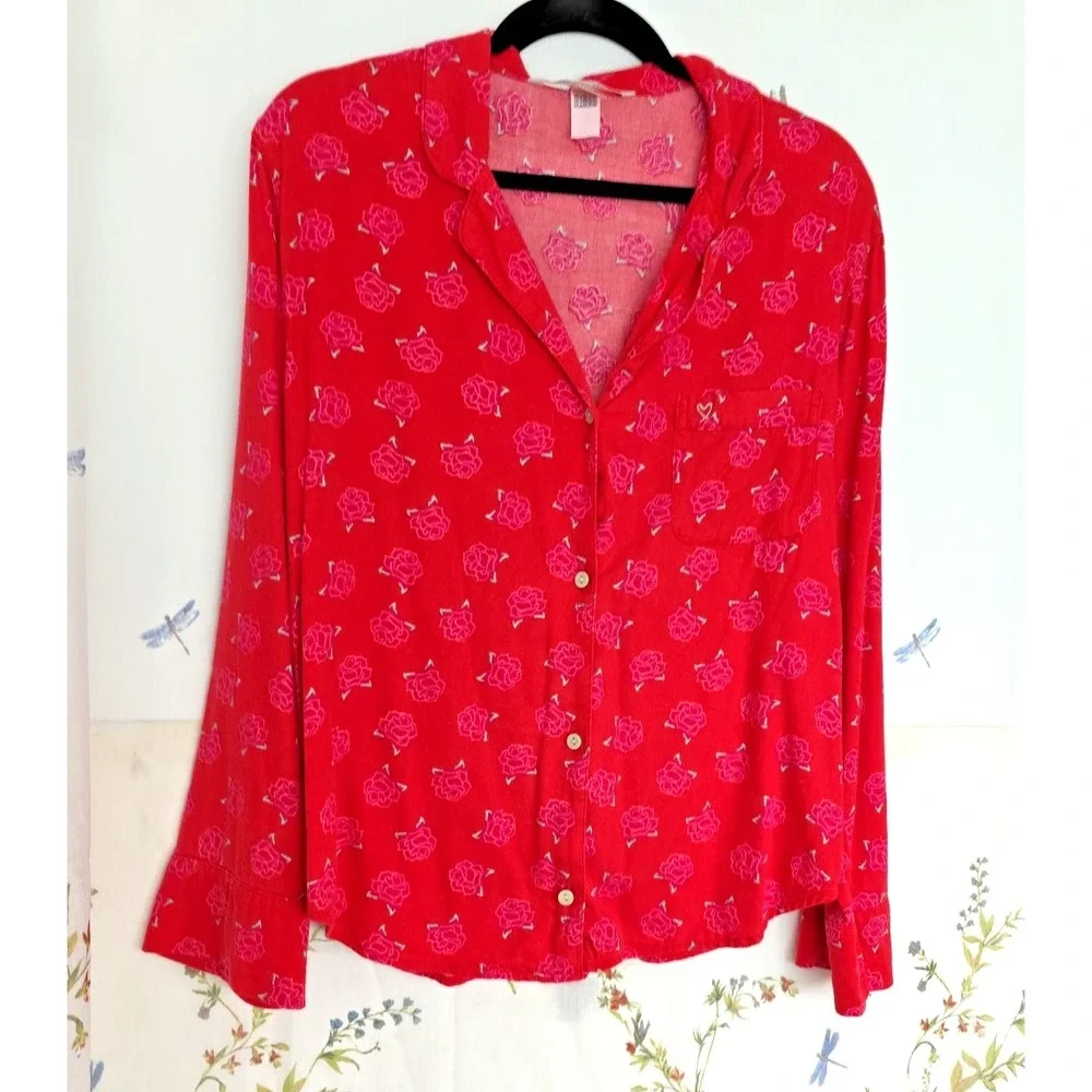Victoria's Secret Flannel Pajama Set‎ Small Pink Rose Red Pants Long Sleeve
